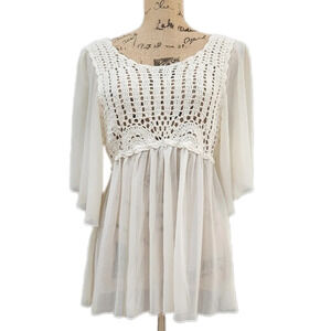 Vintage Style BFA Classics Boho Crotchet Sheer Blouse Bone, US Women's Medium